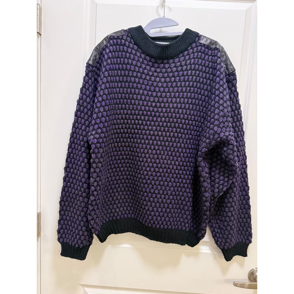 Street Scenes Vintage Mens XL Purple Black Popcorn Knit Leather Patch Sweater